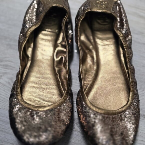 Tory Burch Eddie Glitter Slip On Ballet Flats Womens Size 9 Bronze Sparkle - Picture 10 of 11